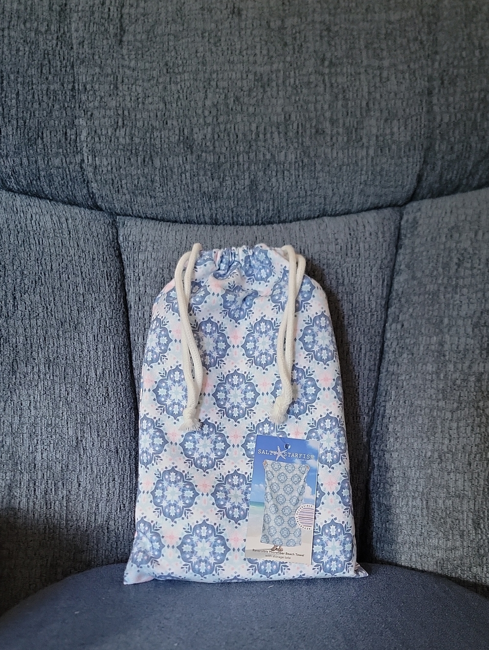 Blue Floral Drawstring Tote Bag With Reversible Microfiber Beach Towel